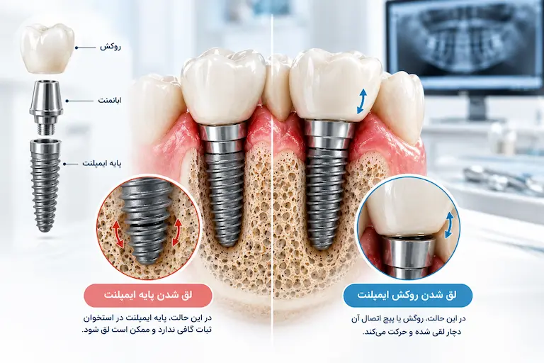 علائم پس زدن ایمپلنت دندان چیست؟ ۷ نشانه که نباید نادیده بگیرید 4 نمای سهبعدی تفاوت لق شدن پایه ایمپلنت و روکش ایمپلنت دندان